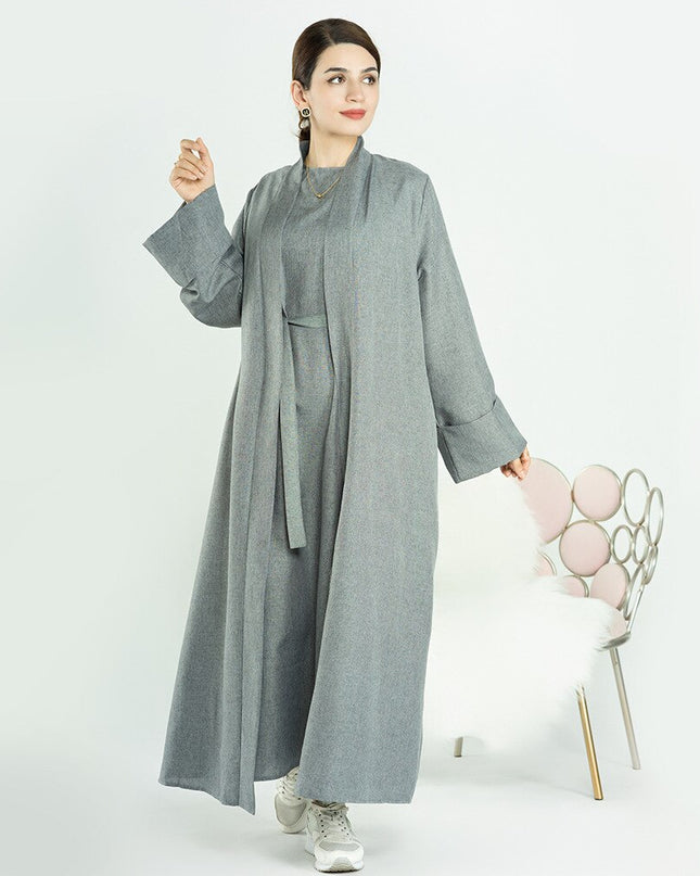 Elegant and Versatile: Two-Piece Djellaba Abaya Set with Belt for Muslim Women in Dubai