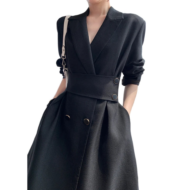 Damen Frühling Herbst Lässige Mode Koreanisches Midi Schwarzes Kleid Langarm Elegant A-Linie Partykleid Weibliche Oberbekleidung