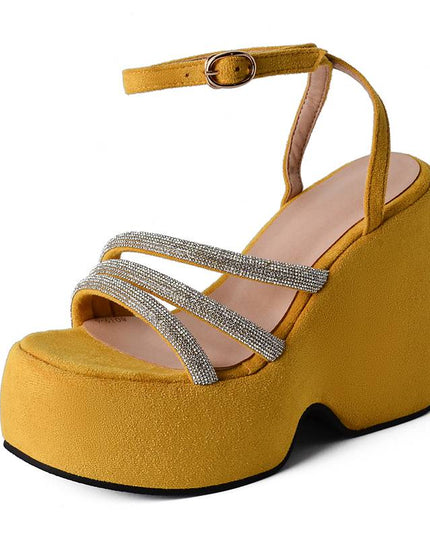 Ladies Sandals Wedges Flock Platform Hill 5cm Ankle Buckle Strap