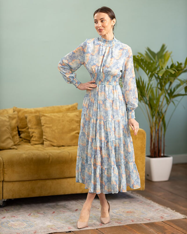 Boho Long Sleeve Chiffon Summer Party Dresses Pink Yellow Blue Purple Floral High Waist Ruffle Maxi Long Dresses For Women
