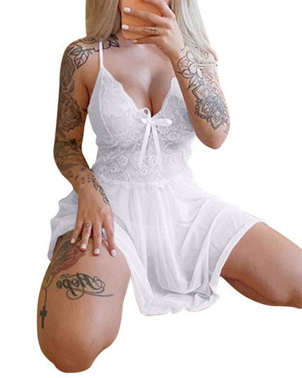 Sexy See-Through Lace Women's Nightdress Deep V-Neck Mesh Sleeveless Pajamas Sexy Sling Nightgown Homewear Women Mini Nightdress