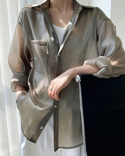 Bluse Damenhemden Uni-Oberteile Sommer Locker Langarm Sonnenschutz Seide Mikro-Transparent Dünnes Hemd Jacke Lässig