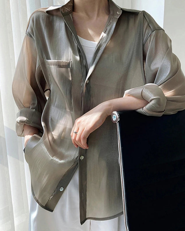 Bluse Damenhemden Uni-Oberteile Sommer Locker Langarm Sonnenschutz Seide Mikro-Transparent Dünnes Hemd Jacke Lässig
