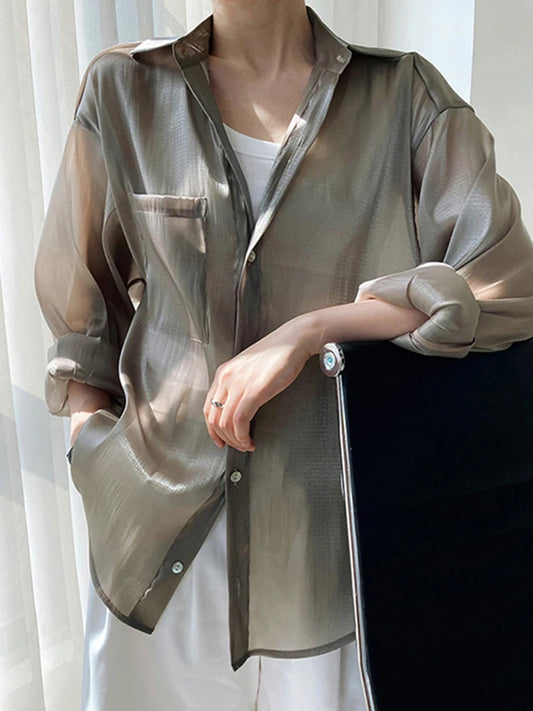 Blouse Women Shirts Solid Tops Summer Loose Long Sleeve Sunscreen Silk Micro Transparent Thin Shirt Coat Casual