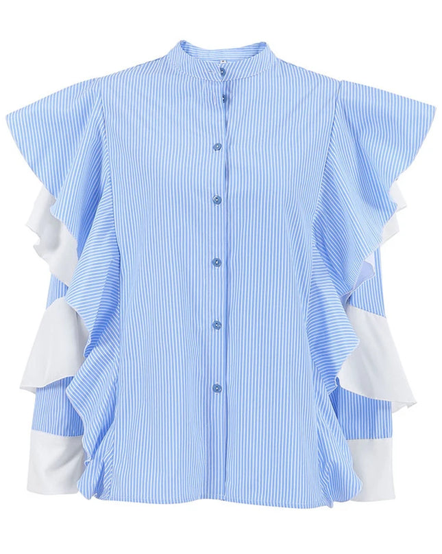 Elegante blau gestreifte Blusen für Damen mit Rüschenärmeln und Patchwork-Details