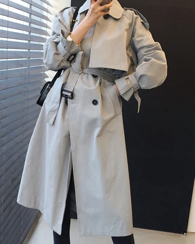 Vintage England-stil mellanlång trenchcoat för damer dubbelknäppt snörning i midjan lös vindjacka för kvinnor