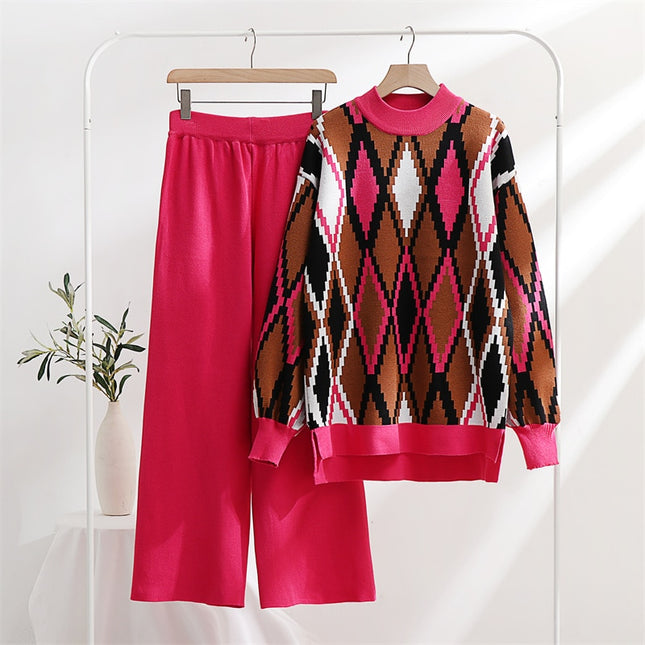 Lozenge Knitted Sweater Matching Set Loungewear Women Pants Suit 2 Piece Tracksuit Knit Two Piece Sets Womens Outifits Winter