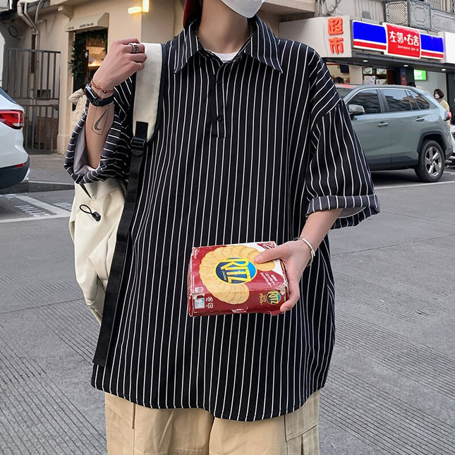 Koreanskt mode randiga skjortor sommar herr vintage knappskjortor japansk streetwear avslappnade kortärmade skjortor