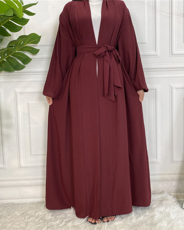 Mode Einfache Elastische Ärmel Djellaba Muslimisches Kleid Dubai Durchgehendes Weiches Abaya Dubai Türkei Muslimischer Islam Robe mit Gürtel