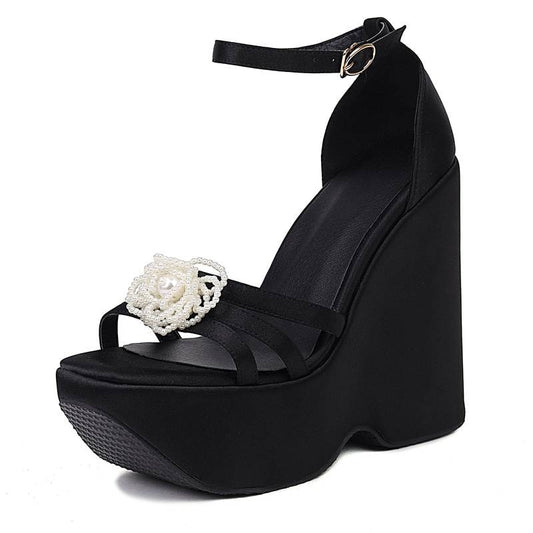 Women Sandals Open Toe Wedges Heel Platform Buckle Strap String Beads Flower Sexy Party Female Shoes Satin