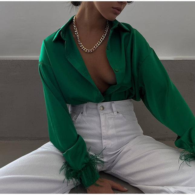 Elegante Damenblusen mit Federn, lässige modische Herbst-Oberteile, Button-Up-Satinblusen