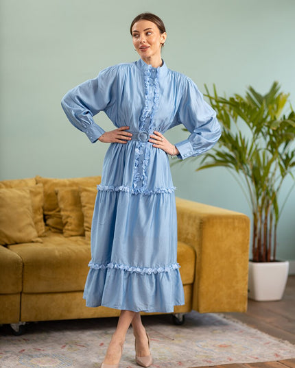Elegante Damen Lange Plissierte Abendkleid Weiß Pink Blau Grün Chiffon Langarm Sommerkleid mit Gürtel für Frauen