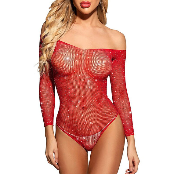 Sexy Fishnet Bodysuit See-Through Mesh Tight Women's Sparkling Rhinestone Body Socks Open Off Shoulder Sexy Fishnet Body Socks