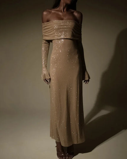 Glitzerndes Maxikleid: Elegantes schulterfreies Bodycon für Damen-Clubparty