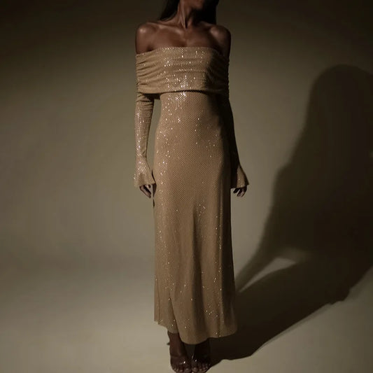 Sparkling Maxi Dress: Elegant Off-shoulder Bodycon for Women's Club Party
