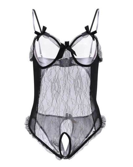 Damen Transparenter Spitzenbody Sexy Cutout Dessous Schlafanzug Tiefer V-Ausschnitt Body Netz Blumen Offener Schritt Teddy Erotikkostüm