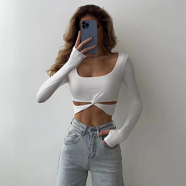 Damen Langarm Oberteile mit Knoten, lässige Mode Outfits, Herbst Basic T-Shirts, schmale Streetwear, bauchfreie Oberteile