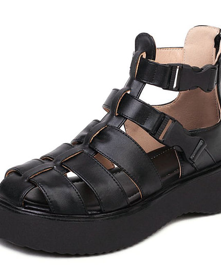 Women Shoes Sandals Round Toe Platform Flats Thick Cover Heel Buckle Strap Rome Style Solid Black White Leisure