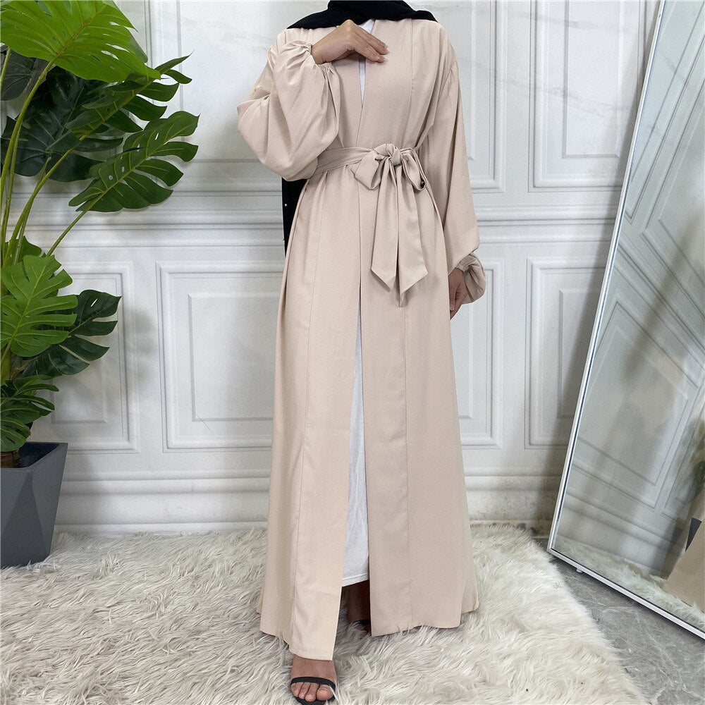 Fashion Simple Elastic Sleeved Djellaba Muslim Dress Dubai Full Length Soft Abaya Dubai Turkey Muslim Islam Robe With Belt