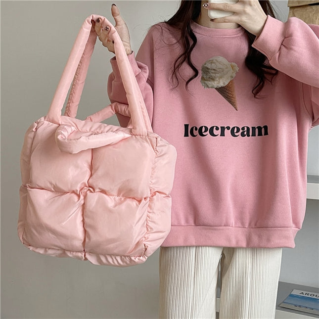 Quilted Down Tote Shoulder Bag for Women Soft Stuffed Ladies Designer Pillow