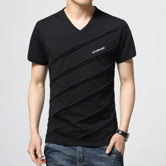 New Summer T Shirt Men Patch Mens T-shirt Casual V Neck T-shirt Slim Tee Shirt Hommes Design Solid Color Short Sleeve Shirt