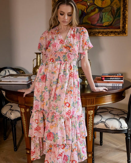 Pink Weiß Geblümt Plissiertes Langes Damenkleid V-Ausschnitt Sexy Strandkleid Kurzarm Chiffon Boho Maxikleider für Frauen Sommer 2023