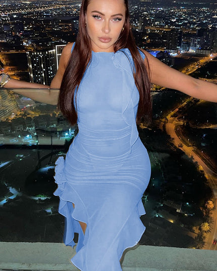 Fringe Sexy Sleeveless Tank Dress Women Club Party Edible Tree Fungus Mesh See Through Slit Midi Dresses Clothes