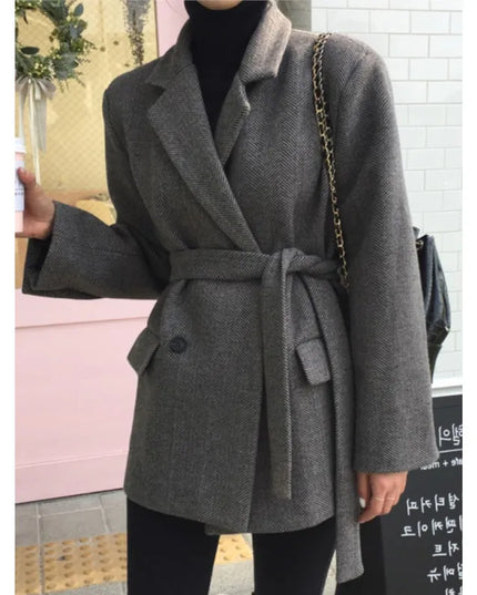 Autumn Winter Women Elegant Casual Blazer Woolen Coat Vintage Solid Fashion New Outerwear Overcoat with Belted Female Clothes