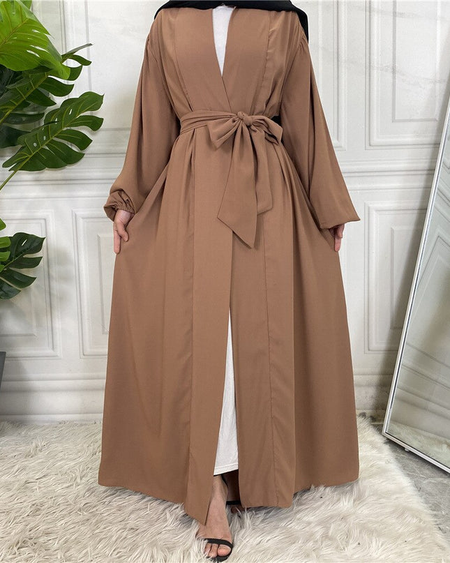 Mode Einfache Elastische Ärmel Djellaba Muslimisches Kleid Dubai Durchgehendes Weiches Abaya Dubai Türkei Muslimischer Islam Robe mit Gürtel