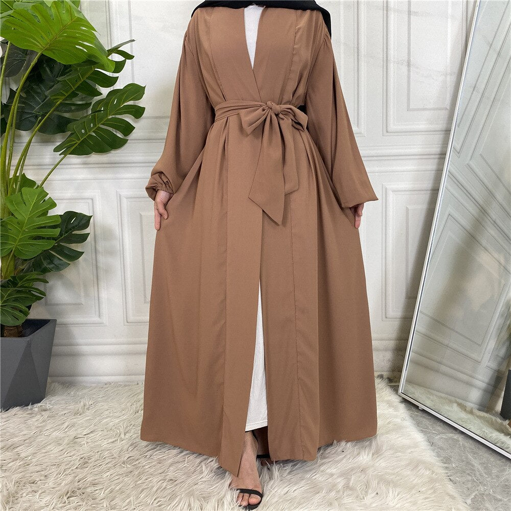 Fashion Simple Elastic Sleeved Djellaba Muslim Dress Dubai Full Length Soft Abaya Dubai Turkey Muslim Islam Robe With Belt