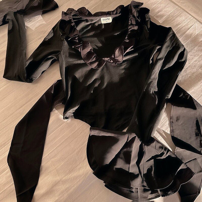 Elegante Rüschen-Detail-Oberteile mit ausgestellten Ärmeln, tiefem Dekolleté, schmalem Bindeband hinten, sexy Y2K-Crop-Tops, einfarbige Kleidung