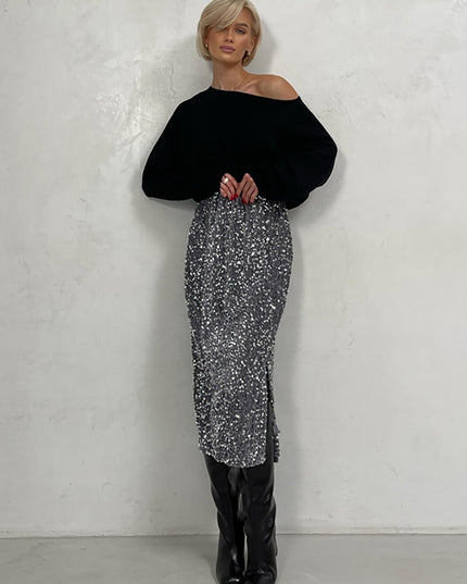 Silver Black Sequin Skirt Women Elegant Vintage Punk Evening Dress Slit Sexy Summer Long Skirt High Waist Midi Skirts For Women