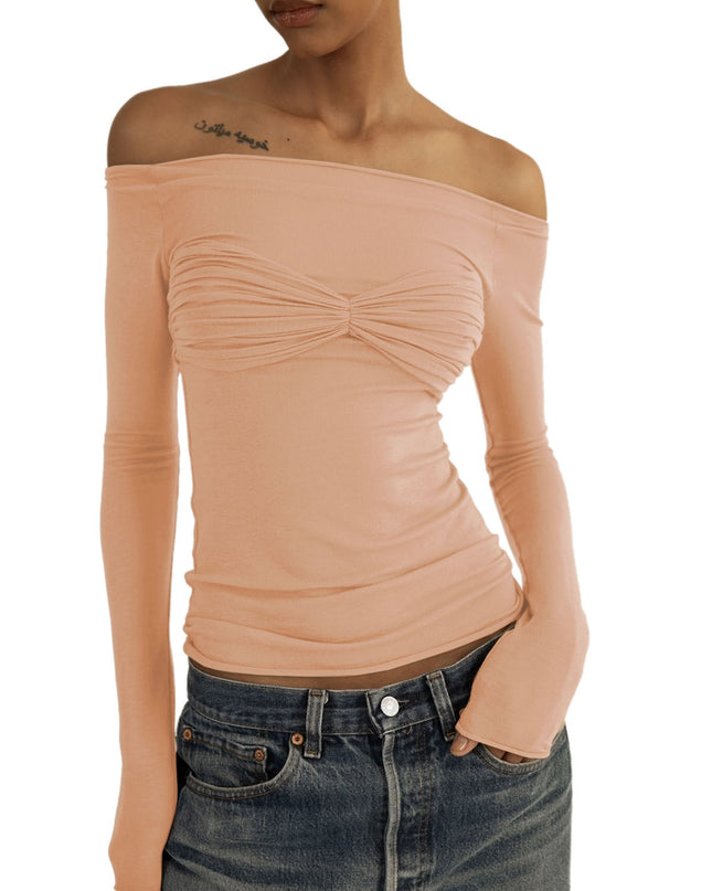 Elegante schulterfreie geraffte Strickoberteile für Damen, modische Frühling-Sommer-Langarm-Club-Party-Unifarben-T-Shirt-Kleidung