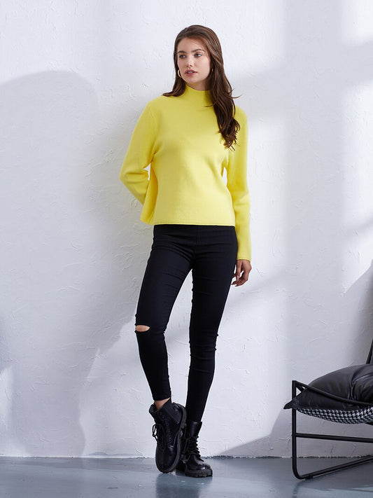 Pullover Sweater Women Yellow Blue Autumn Mock Neck Cropped Sweater Korean Style Long Sleeve Short Sweater For Women