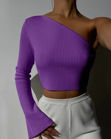 Autumn Asynnetrical Knit Long Sleeve Slim Tops for Women Fashion Solid Y2K Cropped Top Tees T-Shirts Basic Clothes