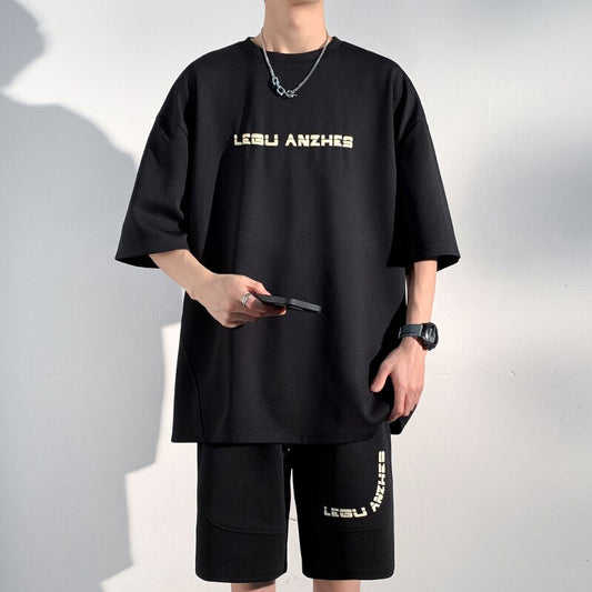 Y2k 2 Piece Sets Men Outfit 2023 Summer Vintage Short Sleeve T-shirts Korean Fashions Basketball Suit Set Tracksuits
