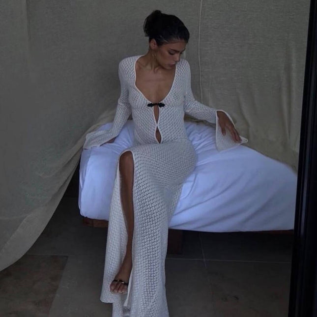 Sommer Strandurlaub Gestricktes Maxikleid Outfits für Damen Party Club Langarm Durchsichtige Kleider Hohl Saum