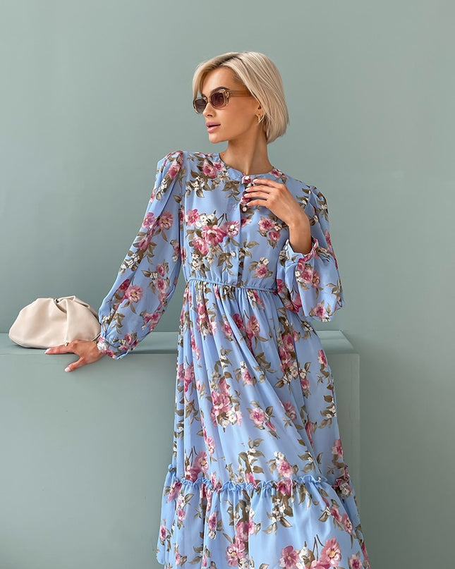 Elegante plissierte Langarm Chiffon Abendkleider Damen Rosa Blau Schwarz Weiß Floral Strand Lang Maxikleid Sommerkleid Frauen 2023