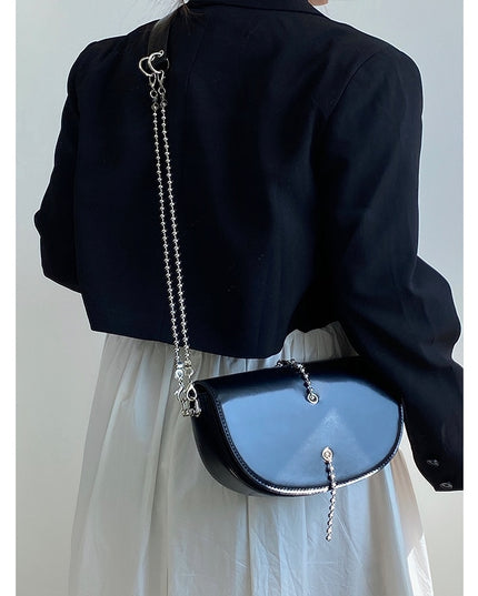 Beaded Chain Women Saddle Shoulder Bag PU Leather Ladies Clutch Purse Handbags Underarm