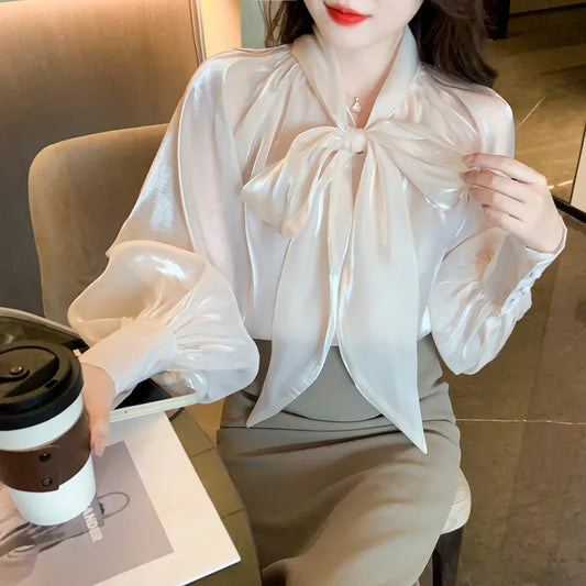 Elegant Korean Style Blouse with Big Bow Tie and Retro Lantern Sleeves for Women