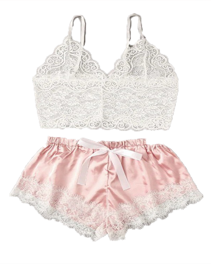 Damen Sexy Pyjama Satin Pyjama Set Seide Spitze Casual Zweiteiliger Schlafanzug Mode Einfarbig Dessous Damen Sexy Pyjama