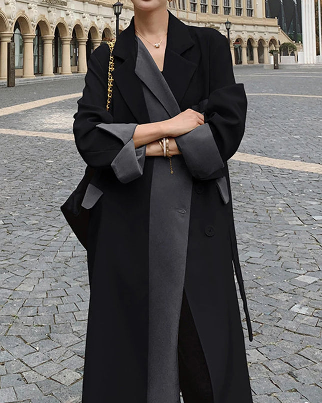 Geflickter Kontrastfarb-Designer-Longblazer für Damen mit gekerbtem Kragen, Office Lady Mode Damenbekleidung