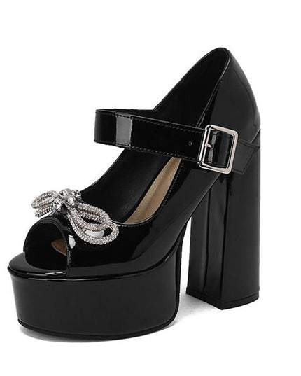 Women Sandals Peep Toe Block Heels Crystal Bowknot Buckle Strap Sexy Party Shoes Big Size
