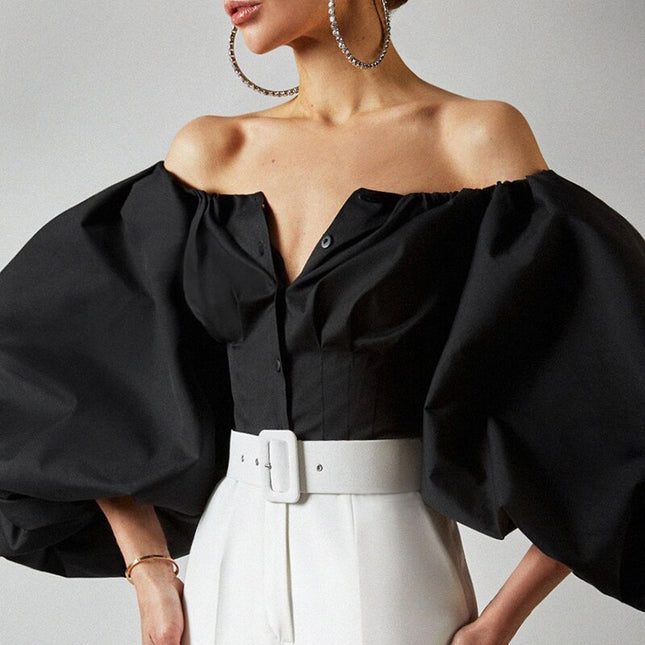 Off Shoulder Laternenärmel Sexy Damen Oberteil und Blusenhemden Knöpfbare Rückenfreie Crop Tops Mode Blusen Mujer