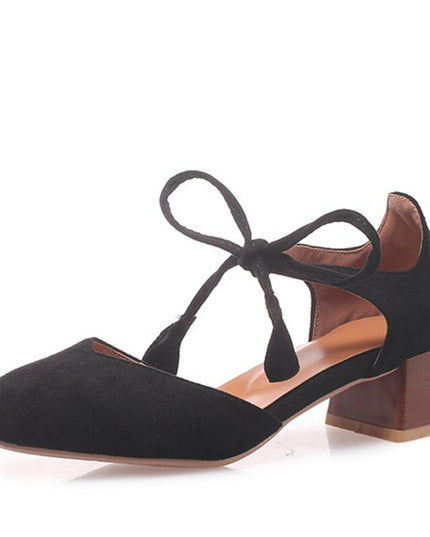 Pumps For Women Square Toe Block Heels Flock Lace-Up Shallow Sweet