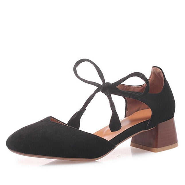 Pumps For Women Square Toe Block Heels Flock Lace-Up Shallow Sweet