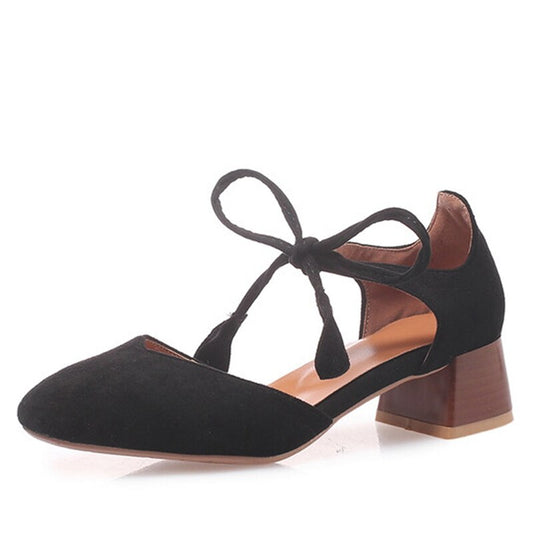 Pumps For Women Square Toe Block Heels Flock Lace-Up Shallow Sweet