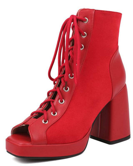 Women Sandals Peep Toe Chunky Heels  Lace Up Flock Splice Plus Size Sexy Fashion Roma Shoes