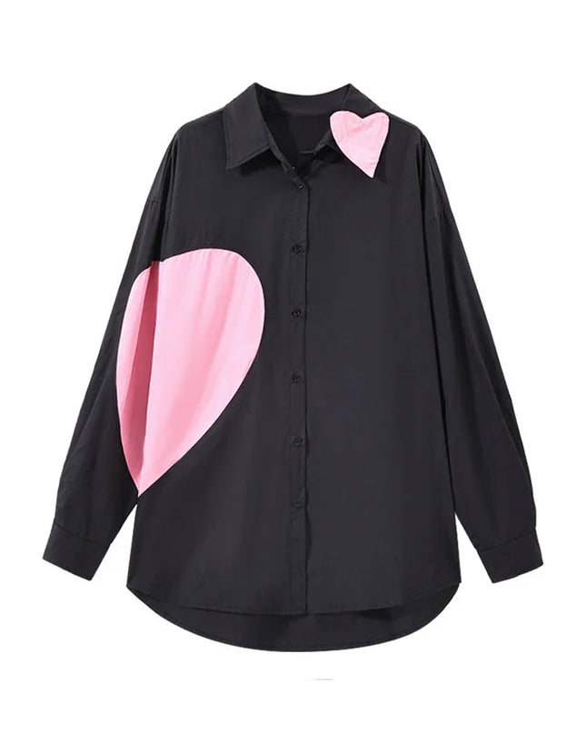 Designer Herz Kontrastfarbenes Langarmshirt für Damen – lockere, vielseitige, schicke Bluse