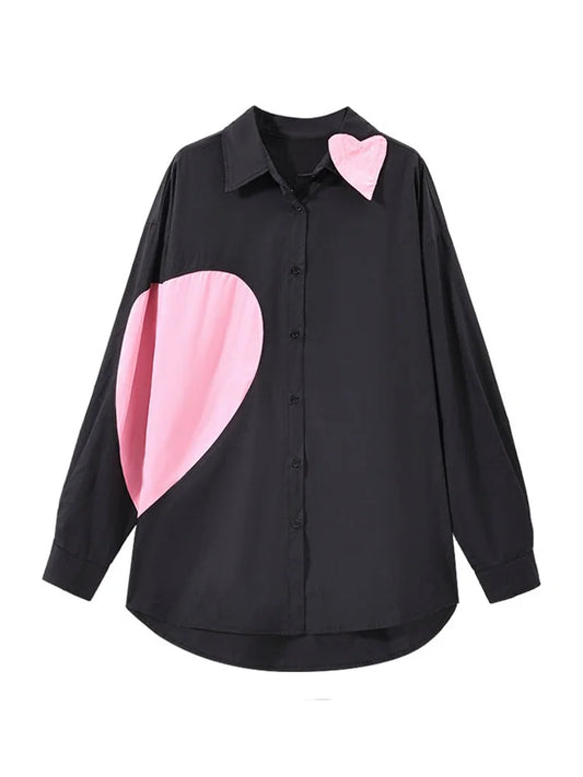 Designer Heart Contrast Color Long Sleeve Shirt For Women's Loose Versatile Chic Blouse Female